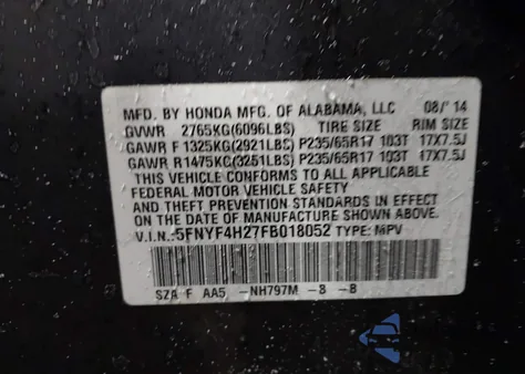 2015 Honda Pilot Lx z USA, uszkodzony, nr VIN 5FNYF4H27FB018052